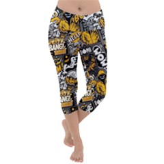 Boom Bang Art Crazy Drawing Graffiti Hello Retro Sayings Yellow Lightweight Velour Capri Yoga Leggings by Bedest