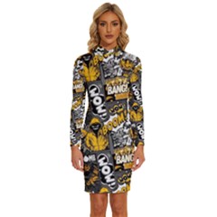 Boom Bang Art Crazy Drawing Graffiti Hello Retro Sayings Yellow Long Sleeve Shirt Collar Bodycon Dress by Bedest