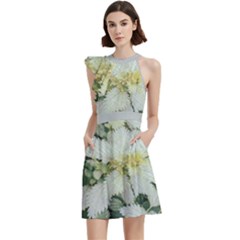 Enchanting Foliage Sharp Edged Leaves In Pale Yellow And Silver Bk Cocktail Party Halter Sleeveless Dress With Pockets by dflcprintsclothing