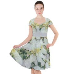 Enchanting Foliage Sharp Edged Leaves In Pale Yellow And Silver Bk Cap Sleeve Midi Dress With Pockets by dflcprintsclothing