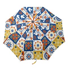 Mexican Talavera Pattern Ceramic Tiles With Flower Leaves Bird Ornaments Traditional Majolica Style Folding Umbrellas by Ket1n9