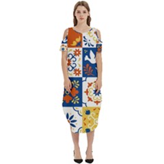 Mexican Talavera Pattern Ceramic Tiles With Flower Leaves Bird Ornaments Traditional Majolica Style Cold Shoulder Loose Fit Dress With Pockets by Ket1n9