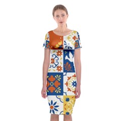 Mexican Talavera Pattern Ceramic Tiles With Flower Leaves Bird Ornaments Traditional Majolica Style Classic Short Sleeve Midi Dress by Ket1n9