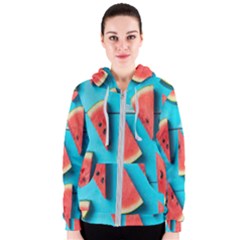 Watermelon Blue Background Women s Zipper Hoodie by Azkajaya