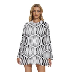 Halftone Tech Hexagons Seamless Pattern Round Neck Long Sleeve Bohemian Style Chiffon Mini Dress by Ket1n9