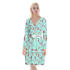 Pattern With Koi Fishes Long Sleeve Velvet Front Wrap Dress by Ket1n9