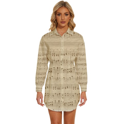 Vintage Beige Music Notes Womens Long Sleeve Shirt Dress by Loisa77