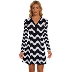 Wave Pattern Wavy Halftone Long Sleeve Deep V Mini Dress  by Loisa77