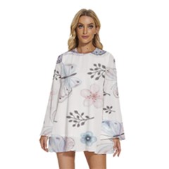 Butterflies Cute Flower Pastel Pattern Round Neck Long Sleeve Bohemian Style Chiffon Mini Dress by Loisa77