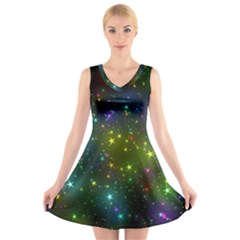 Stars Coloured Lights Background V-neck Sleeveless Dress by Loisa77