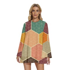 Hexagonal Pattern Vector Round Neck Long Sleeve Bohemian Style Chiffon Mini Dress by Loisa77