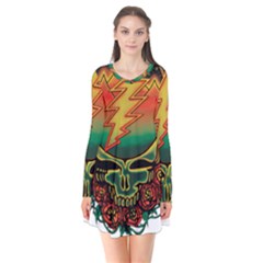 Grateful Steal Your Face Deadhead Hippie Logo Symbol Long Sleeve V-neck Flare Dress by Loisa77