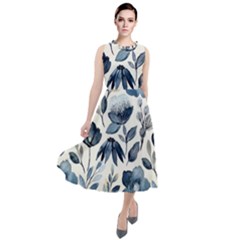 Indigo Watercolor Floral Seamless-pattern Round Neck Boho Dress by Ket1n9