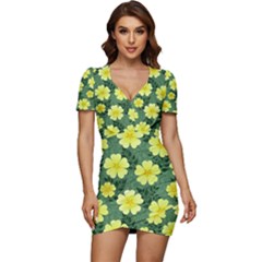 Bloom Flowering Yellow Blade Green Low Cut Cap Sleeve Mini Dress by Loisa77