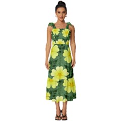 Bloom Flowering Yellow Blade Green Tie-strap Tiered Midi Chiffon Dress by Loisa77