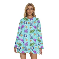 Sea Ocean Sealife Turtle Jellyfish Round Neck Long Sleeve Bohemian Style Chiffon Mini Dress by Loisa77