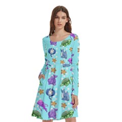 Sea Ocean Sealife Turtle Jellyfish Long Sleeve Knee Length Skater Dress With Pockets by Loisa77