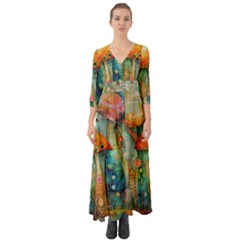 Whimsical Mushrooms Colorful Patterns Button Up Boho Maxi Dress by Loisa77