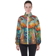 Whimsical Mushrooms Colorful Patterns Women s High Neck Windbreaker by Loisa77