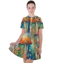 Whimsical Mushrooms Colorful Patterns Short Sleeve Shoulder Cut Out Dress  by Loisa77