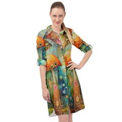 Whimsical Mushrooms Colorful Patterns Long Sleeve Mini Shirt Dress by Loisa77