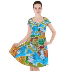 World Map Cap Sleeve Midi Dress With Pockets by Ket1n9