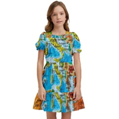 World Map Kids  Puff Sleeved Dress by Ket1n9