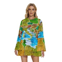 World Map Round Neck Long Sleeve Bohemian Style Chiffon Mini Dress by Ket1n9