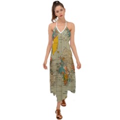 Vintage World Map Halter Tie Back Dress  by Ket1n9