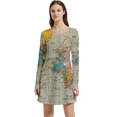 Vintage World Map Long Sleeve Velour Skater Dress by Ket1n9