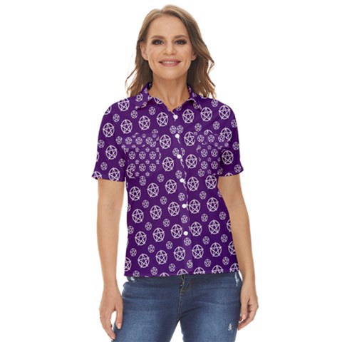 White Pentacle And Purple Pattern Women s Short Sleeve Double Pocket Shirt by cheekywitch