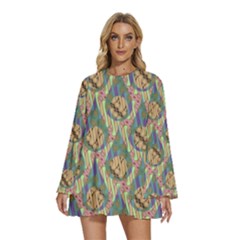 Tribal Background Boho Batik Round Neck Long Sleeve Bohemian Style Chiffon Mini Dress by anzea