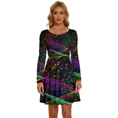 Particles Waves Line Multicoloured Long Sleeve Wide Neck Velvet Dress by Proyonanggan