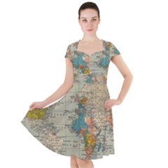 Vintage World Map Cap Sleeve Midi Dress With Pockets by Ket1n9