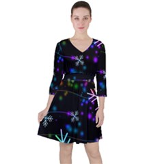 Snowflakes Snow Winter Christmas Quarter Sleeve Ruffle Waist Dress by Bedest