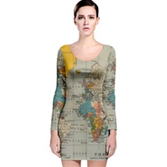 Vintage World Map Long Sleeve Velvet Bodycon Dress by Loisa77