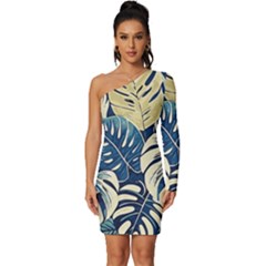 Abstract Art Tropical Leaves Long Sleeve One Shoulder Mini Dress by Valentinaart