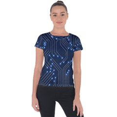 Seamless Pattern Of Glowing Circuit Board Neon Technology Short Sleeve Sports Top  by Loisa77