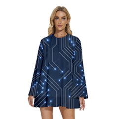 Seamless Pattern Of Glowing Circuit Board Neon Technology Round Neck Long Sleeve Bohemian Style Chiffon Mini Dress by Loisa77