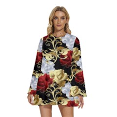 Roses Seamless Pattern Floral Round Neck Long Sleeve Bohemian Style Chiffon Mini Dress by Loisa77