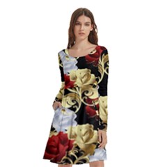 Roses Seamless Pattern Floral Long Sleeve Knee Length Skater Dress With Pockets by Loisa77