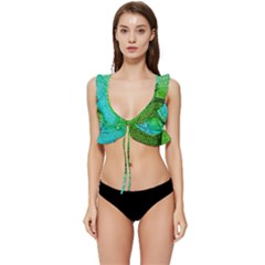 3d Leaves Texture Sheet Blue Green Low Cut Ruffle Edge Bikini Top by Cemarart