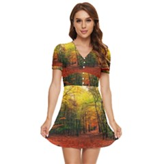 Forest Woods Autumn Nature V-neck High Waist Chiffon Mini Dress by Proyonanggan