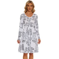 Blackboard Algorithms Black And White Pattern Long Sleeve Dress With Pocket by dflcprintsclothing