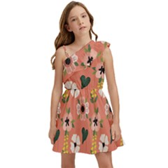 Flower Pink Brown Pattern Floral Kids  One Shoulder Party Dress by anzea