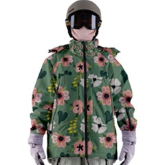 Flower Green Pink Pattern Floral Women s Zip Ski And Snowboard Waterproof Breathable Jacket by anzea