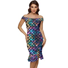 Rainbow Scales Off Shoulder Ruffle Split Hem Bodycon Dress by zappwaits