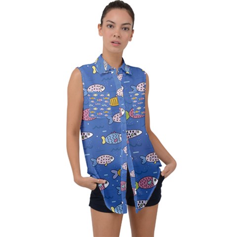 Sea Fish Blue Submarine Animals Sleeveless Chiffon Button Shirt by Loisa77