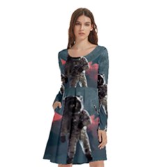 Astronaut Moon Space Nasa Planet Long Sleeve Knee Length Skater Dress With Pockets by Loisa77