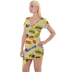 Cartoon Comics Pattern Short Sleeve Asymmetric Mini Dress by Loisa77